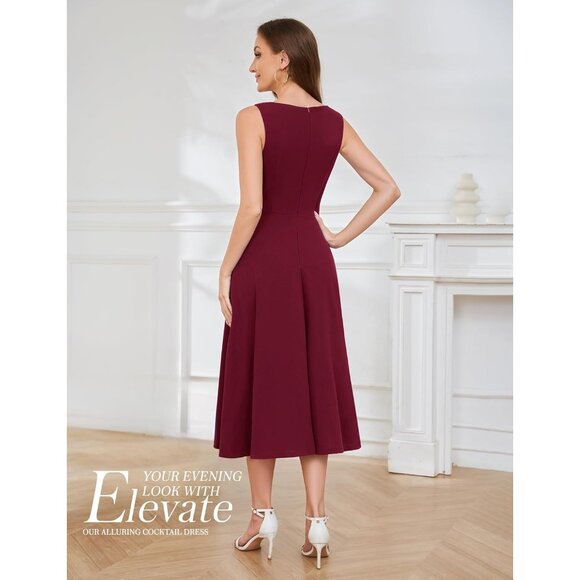 Women Midi Cocktail Dress V Neck High Low Formal Evening Wedding Guest - Picture 4 of 5